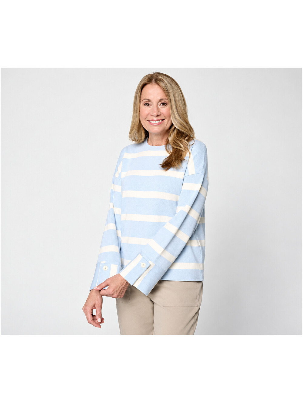 Peace Love World Striped Crew Neck Pullover Cuff Detail Top Blue Horizon Medium
